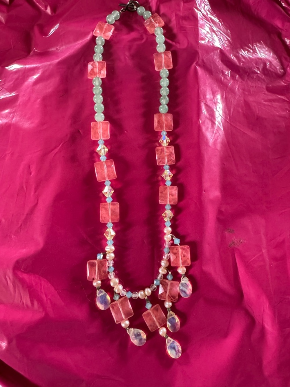 Pink and Light green Beaded Statement Necklace Aventurine Quartz toggle clasp